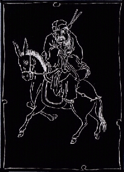 Tao-Unsterblicher Chang Kuo Lao auf dem Esel  mit der Bambustrommel. 