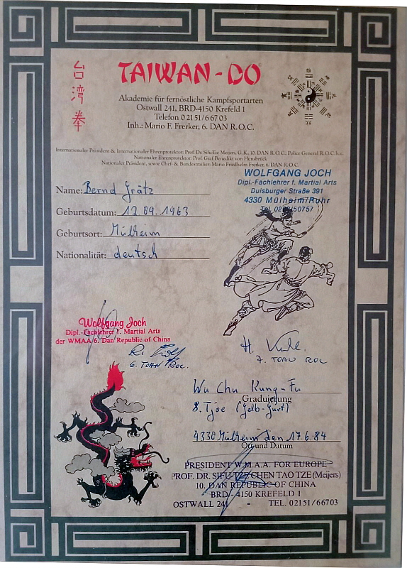 eine Raritt, einzigartige Urkunde aus dem Jahr 1984 Wu-Chu-Kung-Fu