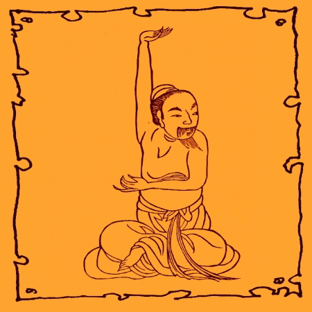 Darstellung einer Übung aus dem Qigong der Jahreszeiten in antiker Form.