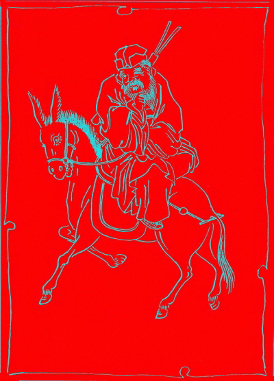 8 Immortals, Chang Kuo-Lao mit Bambustrommel auf seinem Esel